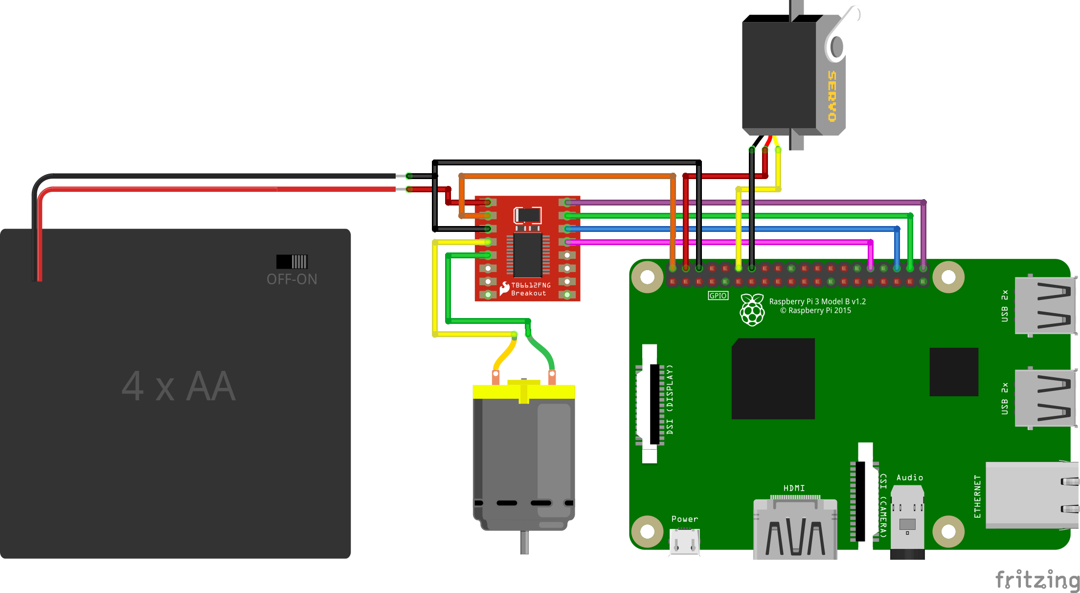 Raspberry Pi and a TB6612FNG motor driver connected to a DC Motor and a servo motor.